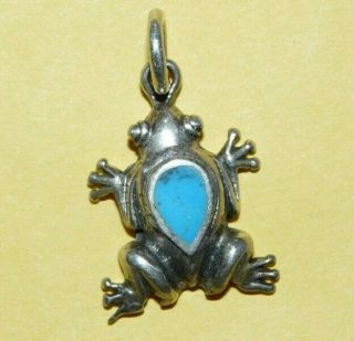 Vtg Southwestern Sterling Silver " 925 " W/ Turquoise Inlay Ornate " Frog " Pendant