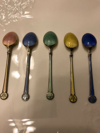 Set Of 5 David Andersen Norway Sterling Silver And Enamel Demitasse Spoons