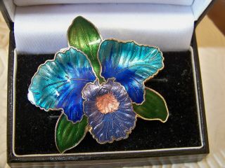 Vintage Jewellery Oriental Cloisonne Enamel Orchid Lily Flower Brooch Shawl Pin