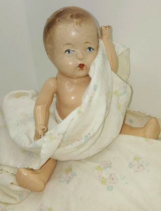 Antique Baby Doll Wooden Composition Mache Jointed 12 " Doll