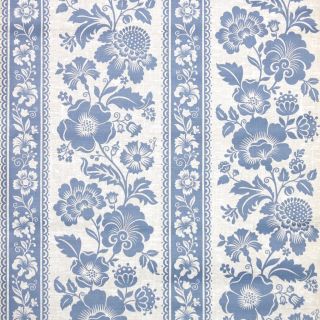 1970s Floral Stripe Vintage Wallpaper Blue Flowers On Beige