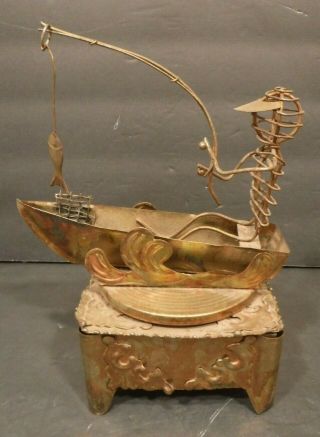 Vintage Metal Copper Music Box Fisherman In Boat Turn & Plays Tune