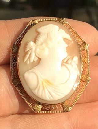 Antique 14 Kt Yellow Gold Carved Cameo Pin Ornate Scroll Work 34 X 40mm