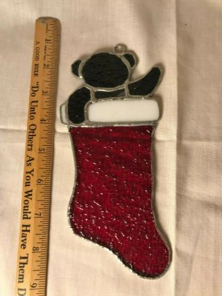Vintage Handmade Handcrafted Stained Glass Suncatcher Christmas Bear W/stocking