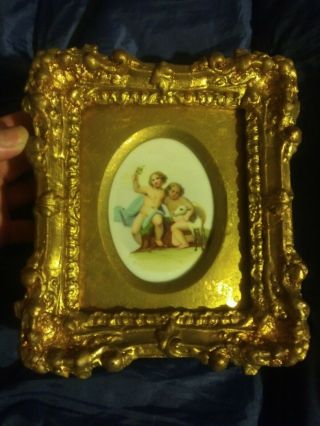 Old Antique Victorian Painting On Porcelain Children W Sheep Gilt Frame