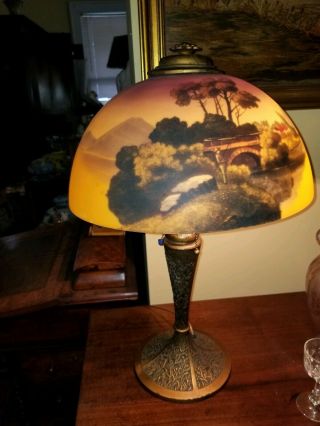 Antique Phoenix Reverse Painted Glass Art Nouveau Table Lamp Scenic