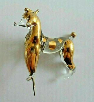 Vintage Lapel Pin Brooch Designed As A Poodle Dog Clear And Gold Glass