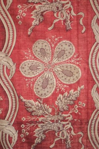 Fabric Antique French Block Printed 18th Century Red Ground Floral & Stripe 1780