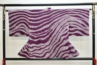 Vintage Silk Kimono Jacket:fully Shibori Purple Tsunami Wave@yq67