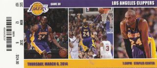 2014 Los Angeles Lakers Vs La Clippers Ticket Stub 3/6/14 Kobe Bryant