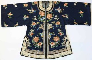 Antique Chinese Embroidered Silk Robe With Flowers And Butterflies