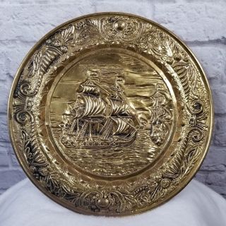 Vintage Brass Wall Hanging Plaque Platter Tray With Sail Boat Ship Embossed 14 "