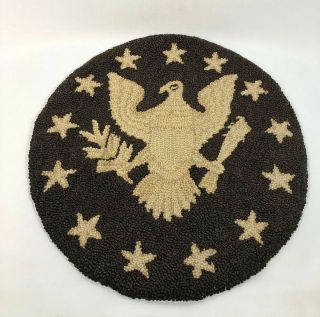 Vintage Needlepoint Round Chair Seat Cover Bald Eagle Patriotic Stars Brown 15”