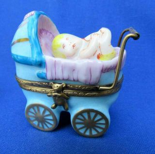 Vintage A.  L Limoges Peint Main Porcelain Baby Buggy Carriage Hinged Trinket Box