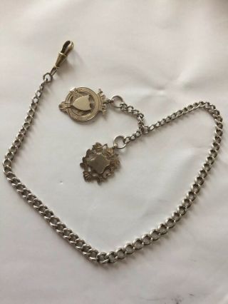 Long Antique Hallmarked Silver Albert Watch Chain With With 2 Fobs 1916