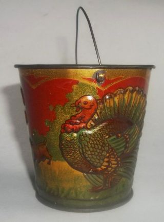 Victorian Antique Embossed Tin 3 " Sand Toy Pail Turkey Girl Dog Wire Handle