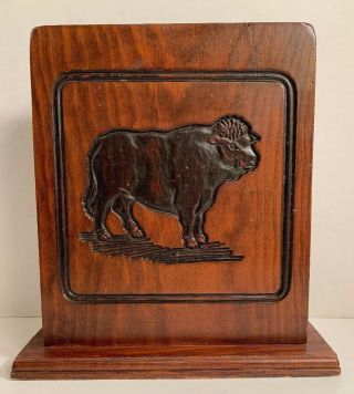 Vintage Heavy Wood 6 Slot Knife Block Carved Bulls Steers Rustic Western 9 " Tall