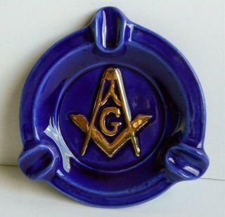Vintage Masonic Mason Cobalt Blue & Gold Gilt Ceramic Cigarette Cigar Ashtray