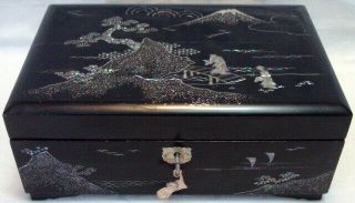 Vintage Black Lacquer & Mother Of Pearl Musical Jewelry Box With Key Mele Japan
