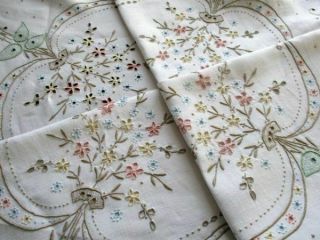 VINTAGE MADEIRA TABLECLOTH - HAND EMBROIDERED PASTELS - LINEN - 50 