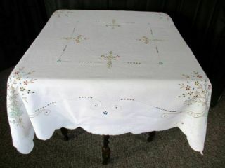 VINTAGE MADEIRA TABLECLOTH - HAND EMBROIDERED PASTELS - LINEN - 50 