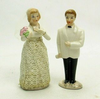 Vintage Wedding Cake Topper Bride Groom Ceramic Glittered Gown