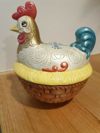 Vintage Funky Hen On Nest Ceramic Lustre Egg Bowl Nut Dish.  Marked Jb