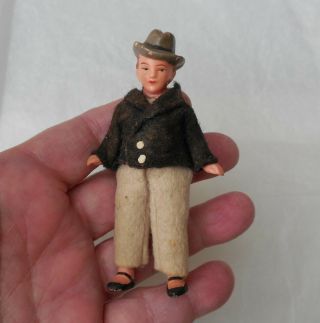 Dollhouse Figural Dad In Flannel Jacket And Trousers,  Molded Hat,  Vintage