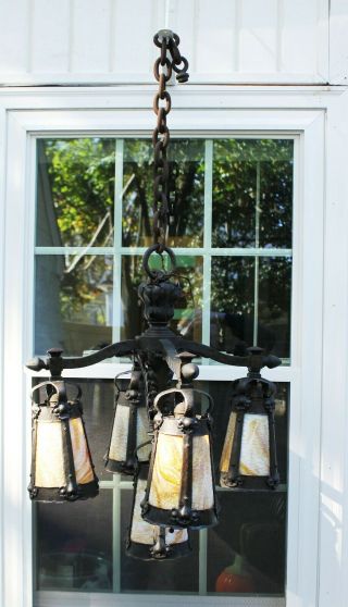 Antique Arts Crafts 5 Light Slag Glass Shades Hammered Copper Hanging Lamp