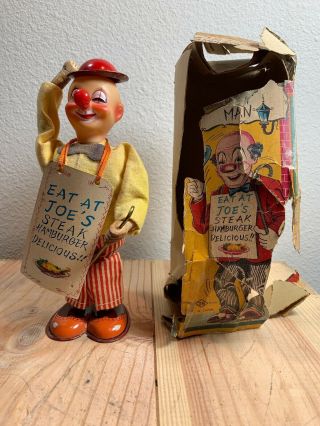 Vintage 1950 Tin Litho Wind Up Ko - Ko The Sandwich Man Tin Toy Clown Tn Japan Box