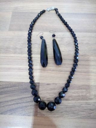 Vintage Jet Faceted Necklace And Earrings Set
