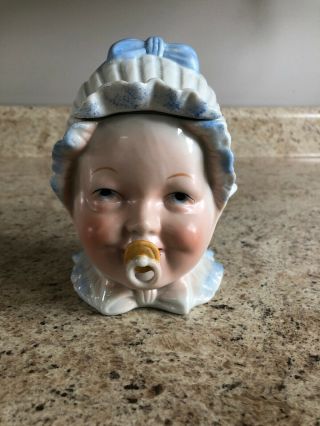 Vintage Tobacco Lidded Porcelain Jar Smiling Baby Boy Head