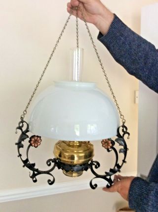 Large Hanging Wrought Iron Arts & Craft Style Oil Lamp,  Glass Shade And Chimney