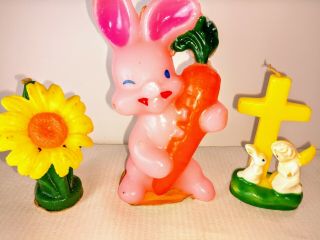 Vintage Gurley Easter Bunny 5 In,  Cross And Flower 3 In Candles Unlit