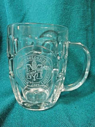 Vtg Michigan Tech University Beer Mug Stein Luminarc Usa Clear Glass Thumbprint