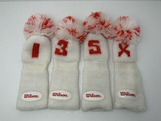 Vintage Wilson Golf Club Head Covers Pom Poms 4 Piece Set White And Red