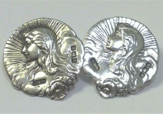 2 Antique Hallmarked Sterling Silver Art Nouveau Buttons (1” Diameter) – 1901