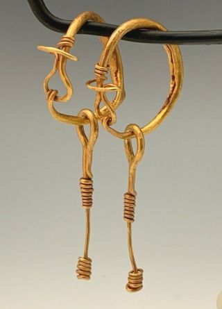 Ancient Roman - Byzantine Gold Hoop Earrings With Dangles; Heavy Pair