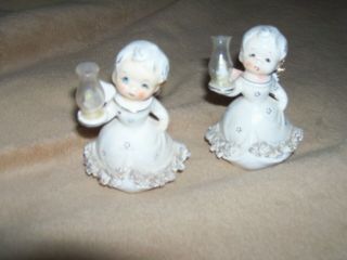 2 Vintage Porcelain Angel Figurines Holding Glass Hurricane Lanterns Japan