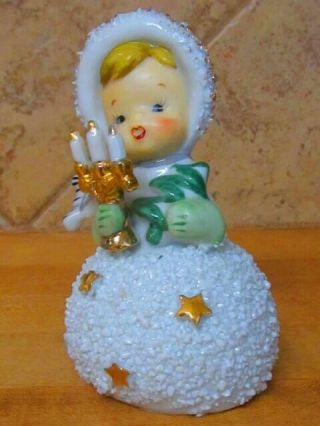 Vintage Hand Painted Christmas Girl Bell With Stars Holding Candelabra And Tree