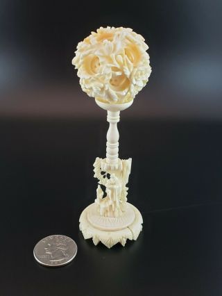 Vintage Chinese Carved Bovine Bone Flower Puzzle Ball & Stand 4.  5 " Tall