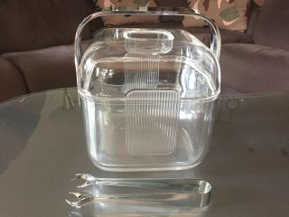 Vtg Mid - Century Modern Guzzini Lucite Cube Ice Bucket W/chrome Handle,  Ice Tongs