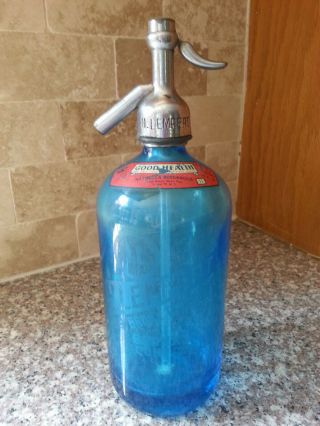 Vintage Blue Glass Seltzer Bottle W Label H Lempert Bronx River Ave Ny