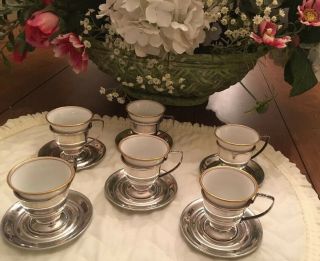 Sterling Silver Demitasse Cup Holders And Saucers With China Cups Six (6)