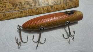 Vintage Wooden Fishing Lure Bass Oreno 4 ",  Glass Eyes,  Orange,  Gold