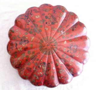 Chinese Antique Red Lacquer Papier Maché Box 13 " Dia Large Round Flower Qing