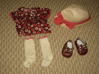 American Girl Doll Kit Kittredge School Outfit Floral Shirt Coral Hat Sock Shoe