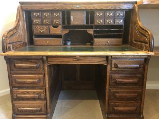 Solid Oak Roll Top Desk.  Wood Is Perfect.  Leather Desk Surface Is.
