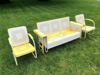 Vintage 1950s Metal Porch Glider & Matching Chairs Mid - Century Mcm Antique Patio