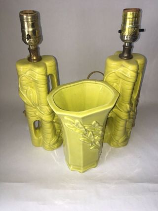 Vintage Mid Century Modern Ceramic Chartreuse Bamboo Table Lamps